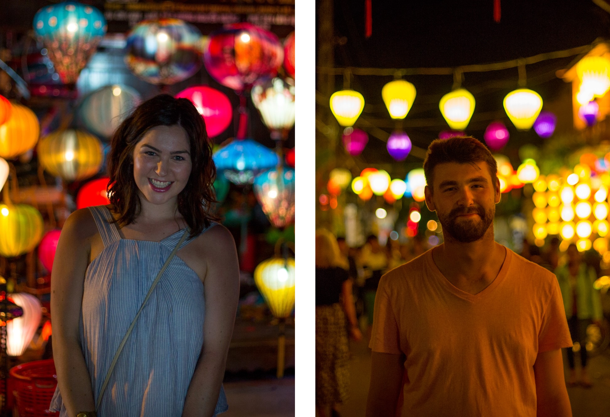 Woman and man backlit by colorful lanterns at night market.