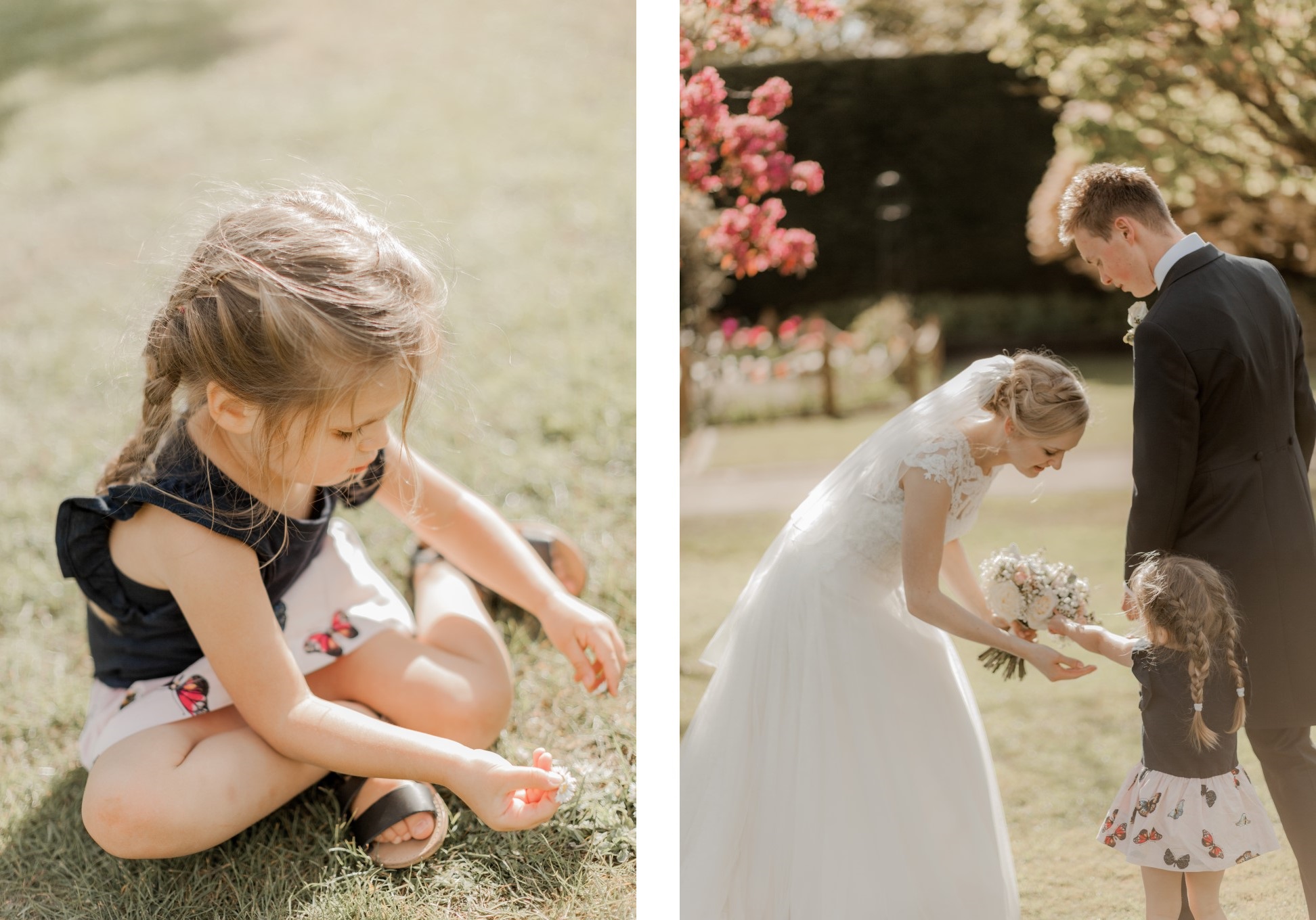 Une petite fille préparant le bouquet de la mariée.