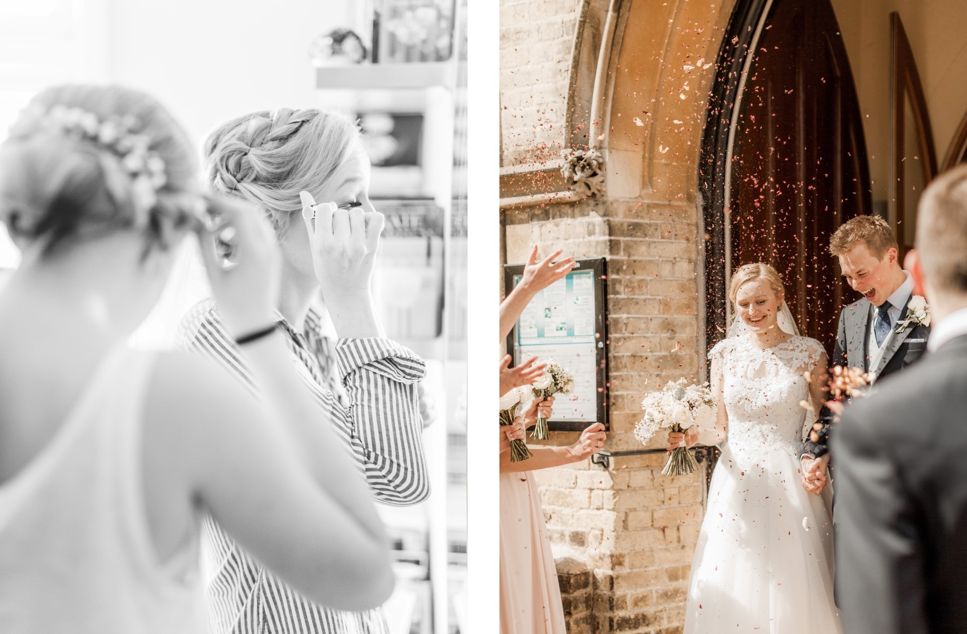 Bride getting ready for wedding day (left), bride and groom exiting church ceremony