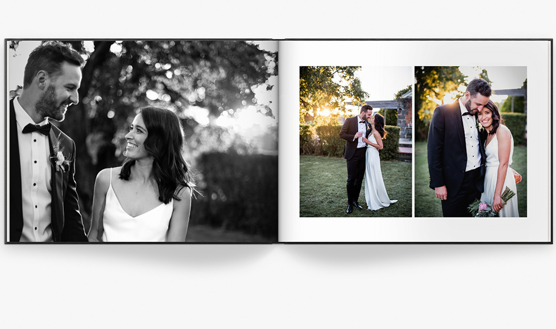 Open photo book displaying photos of newlywed couple
