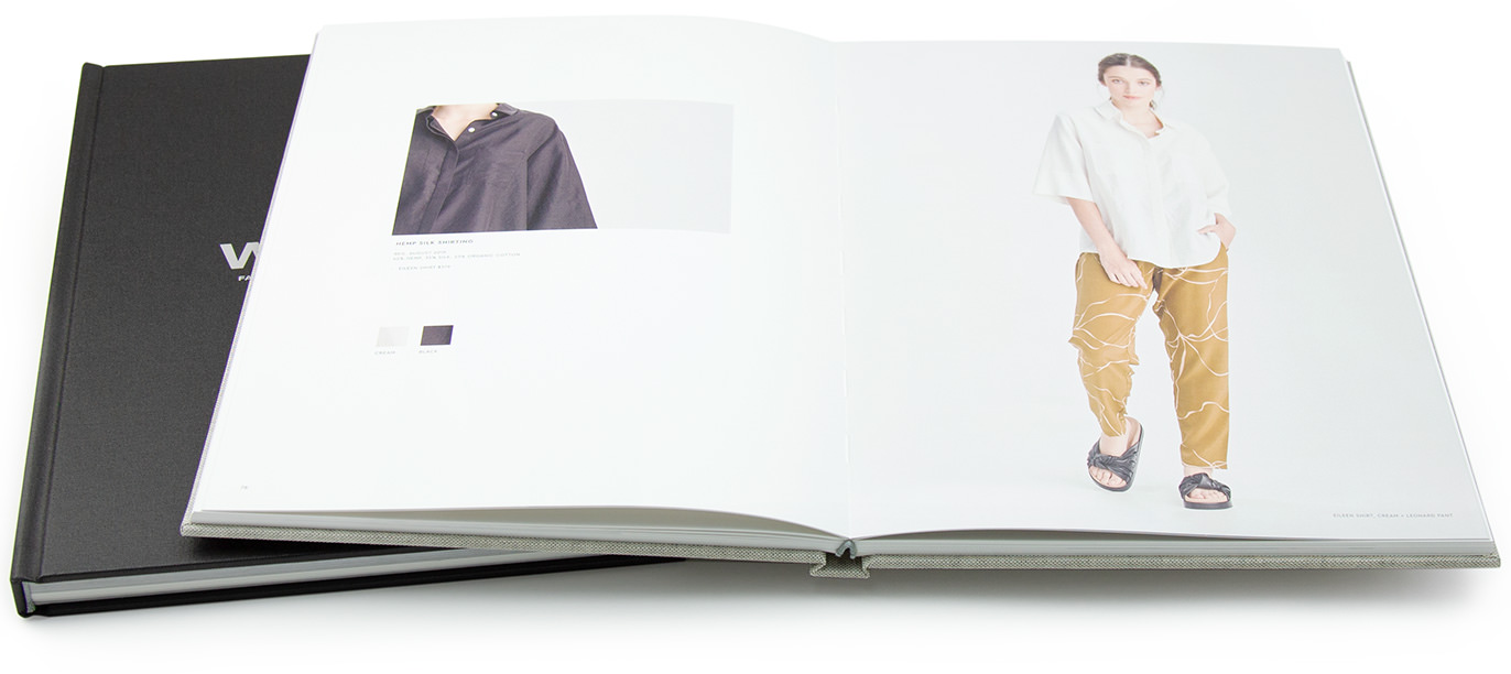 Premium Portrait Photo Book open displaying spread of fashion looks