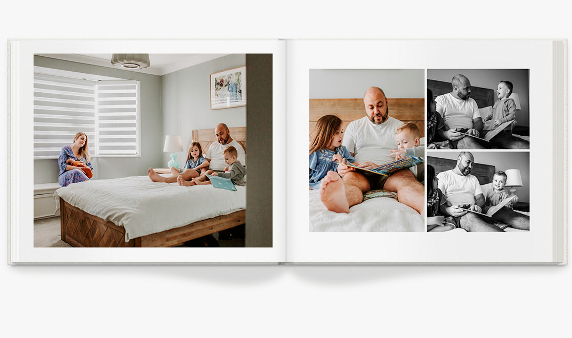 Open photo book with images of a family.