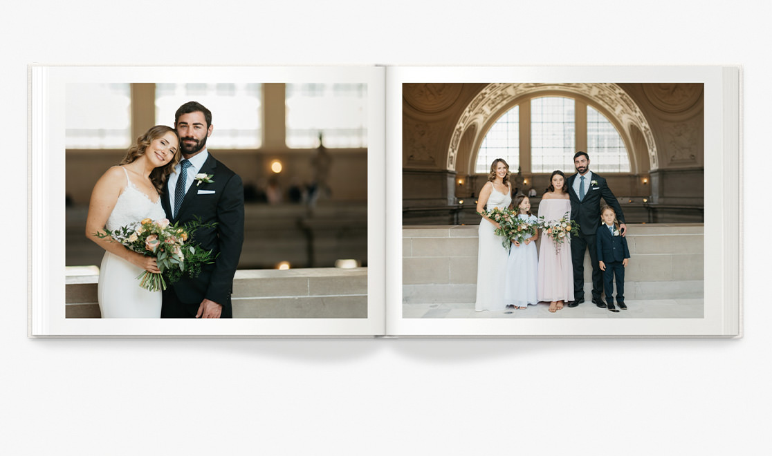 Open photo book with images of a newlywed couple.