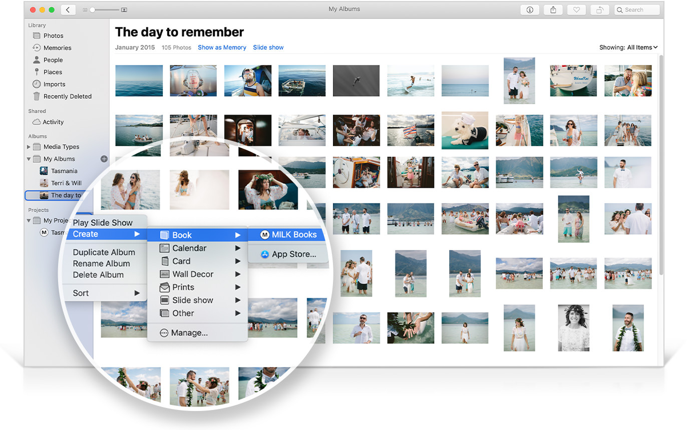 Captura de pantalla de la aplicación Fotos en un Mac, incluyendo una imagen superpuesta ampliada que muestra la ruta para abrir la extensión MILK directamente desde Fotos.