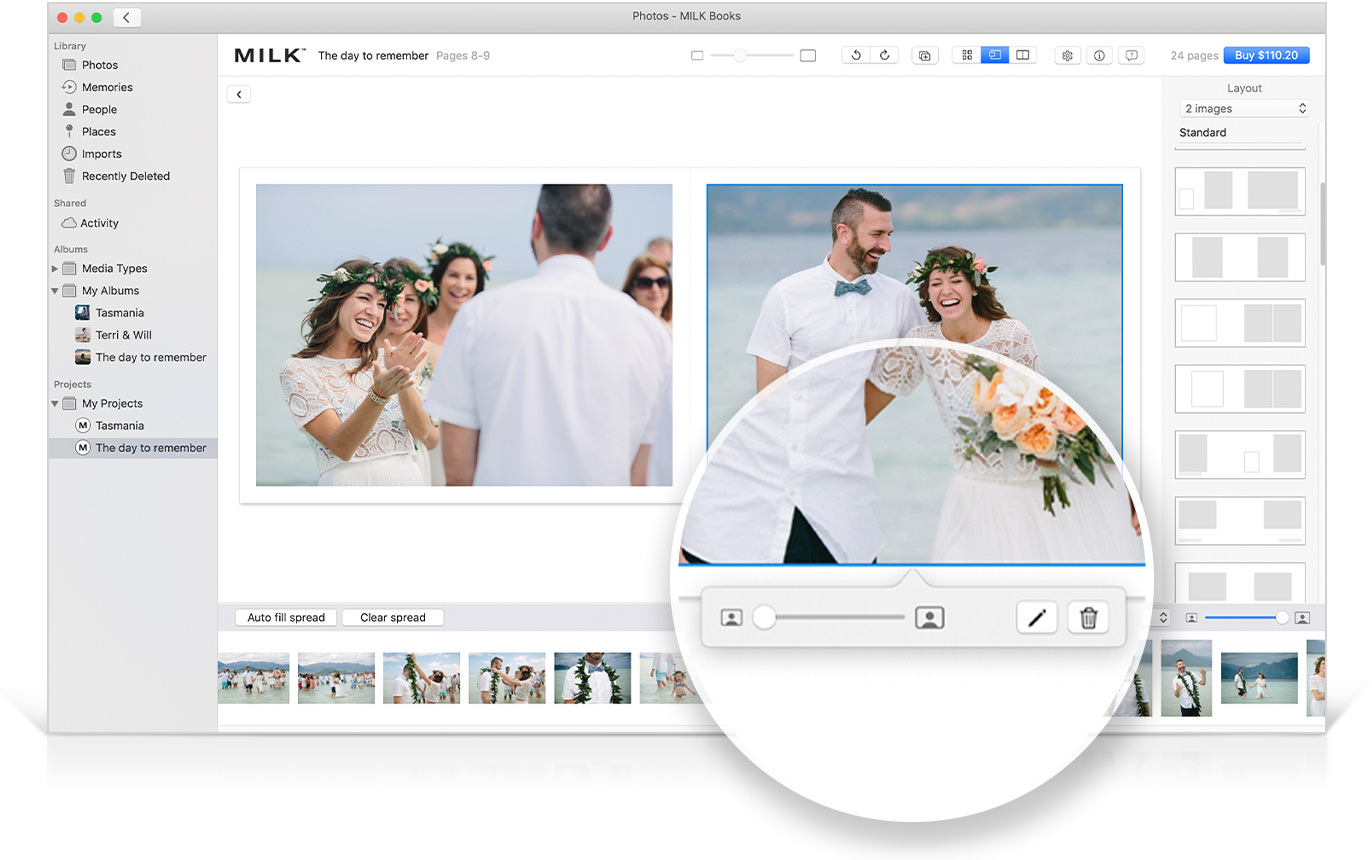 La aplicación MILK Mac Extension en uso, incluyendo una imagen superpuesta ampliada de las herramientas de zoom y edición de imágenes.