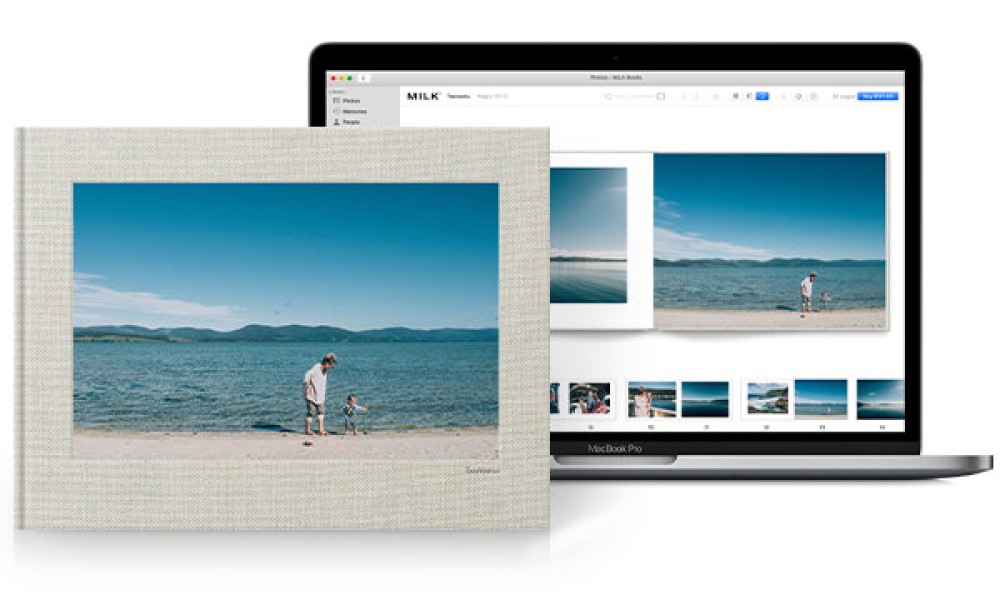 Macbook open to show the Project Extension for Apple Photos. Photo Book showing finished product
