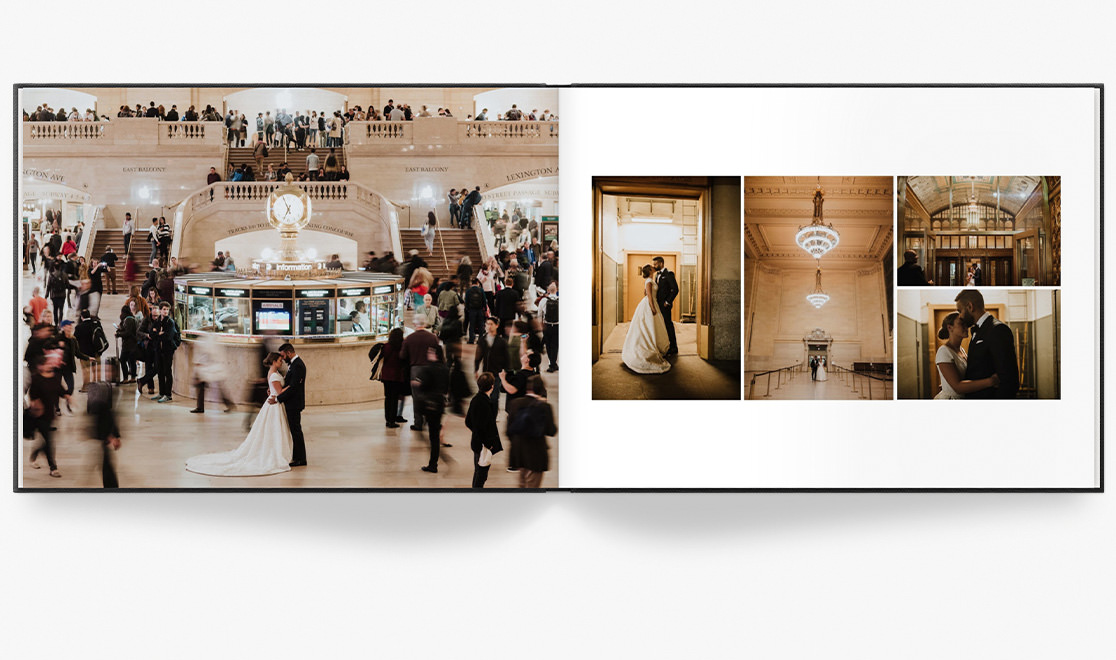 Open photo book with portraits of newlywed couple.