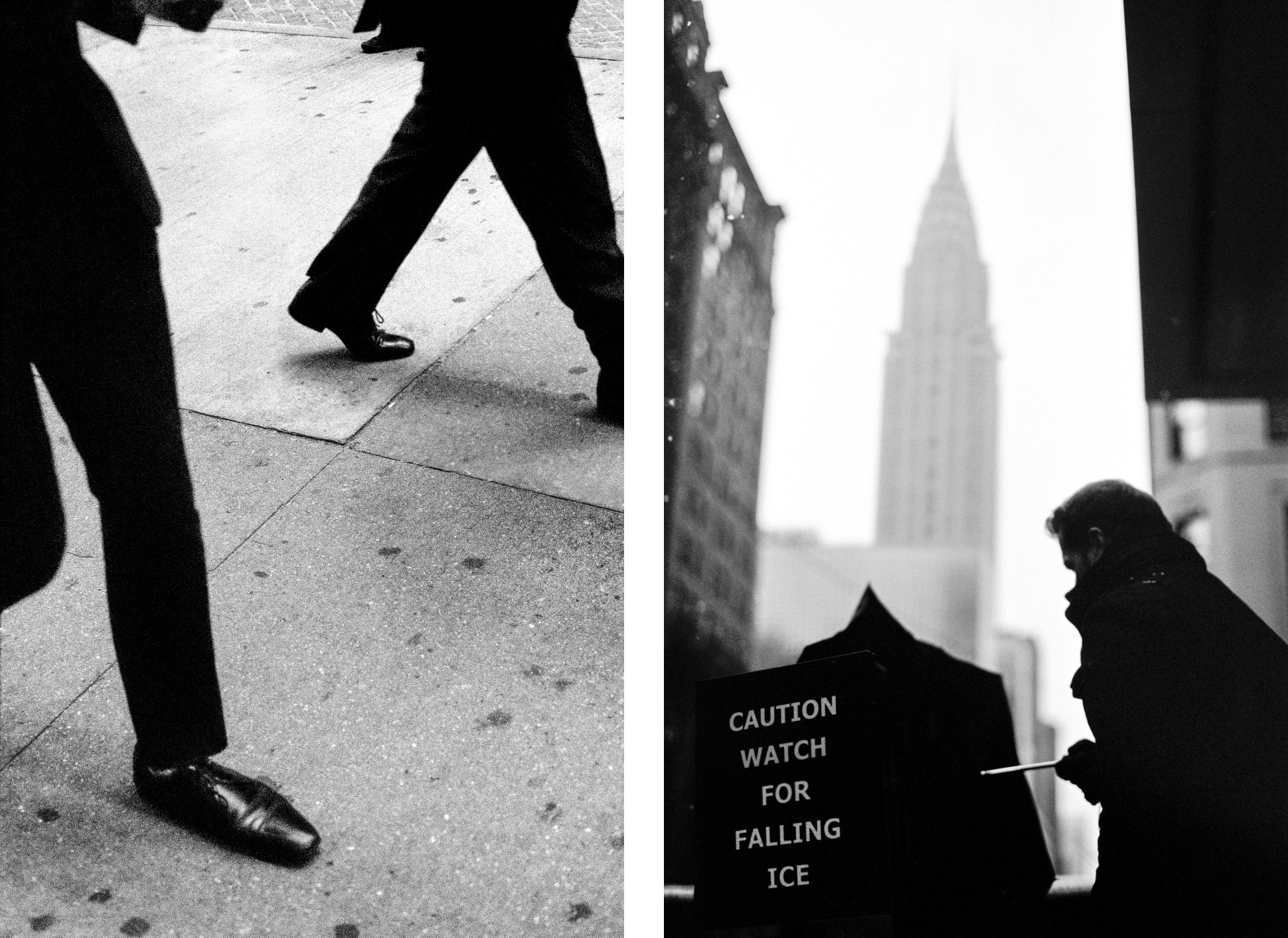 Left, walking on Wall Street. Right, man holding an umbrella next to sign that reads CAUTION WATCH FOR FALLING ICE