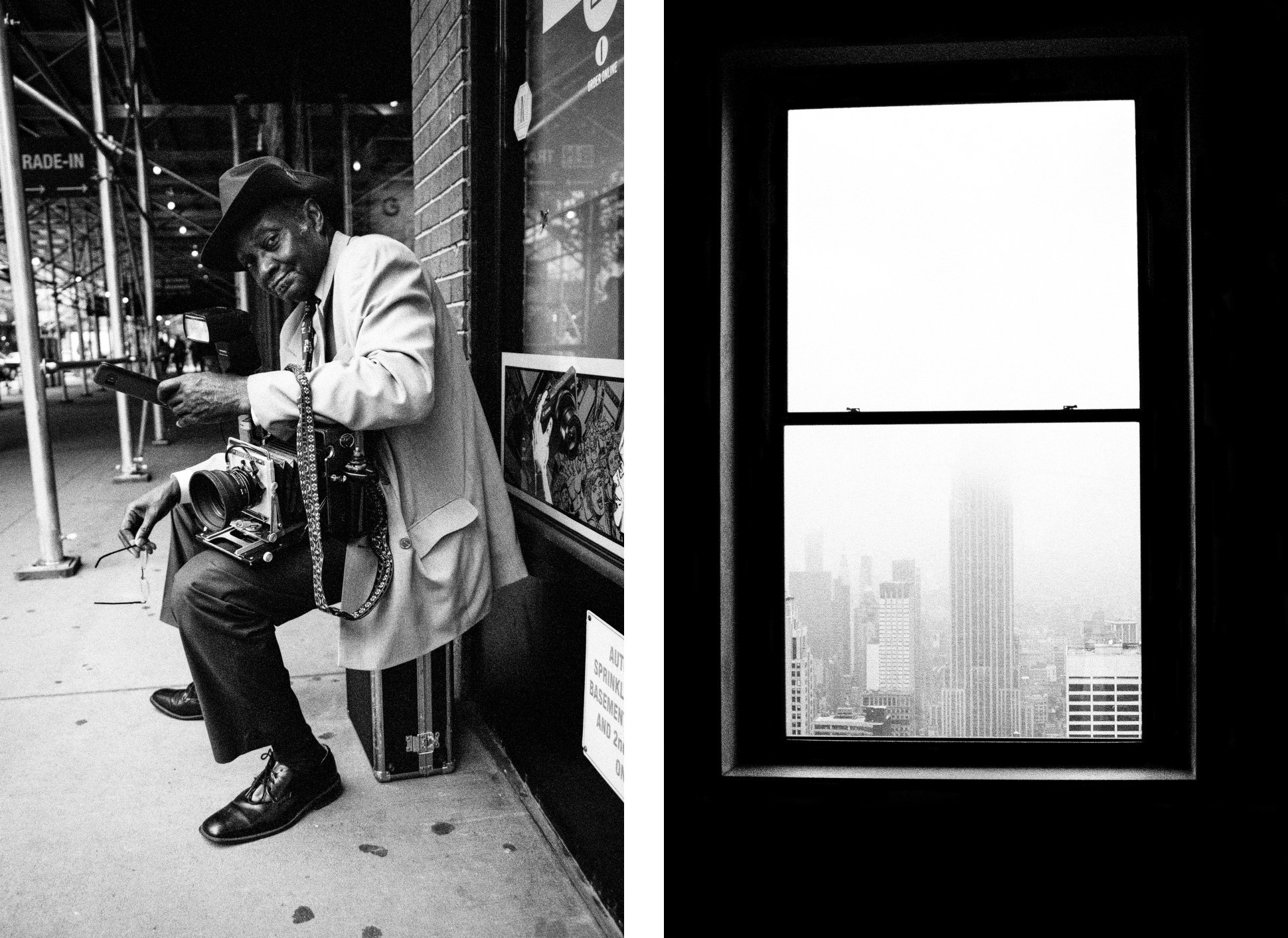 Left, man sitting on case in street and holding old camera. Right, cloudy cityscape as seen through an apartment window