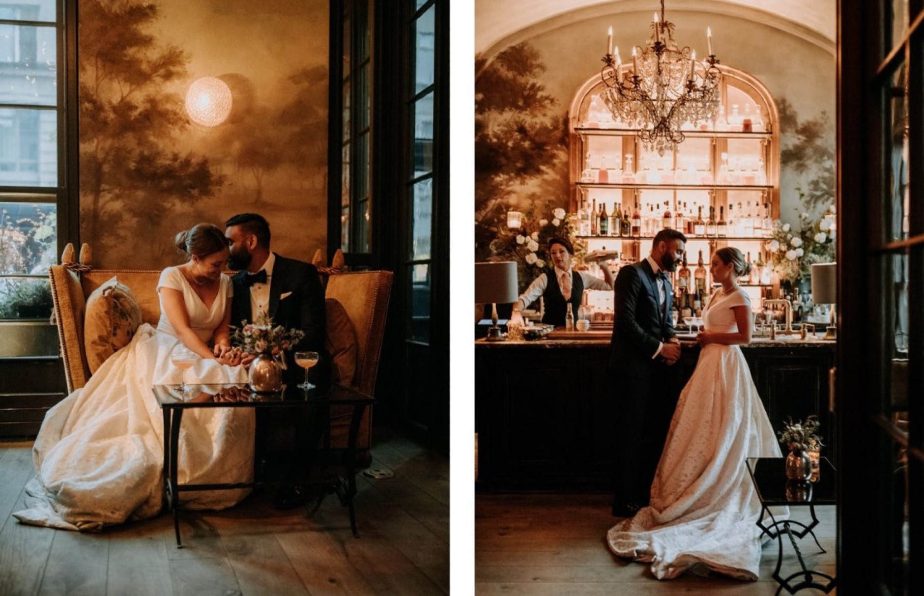 Newlywed portraits in bar