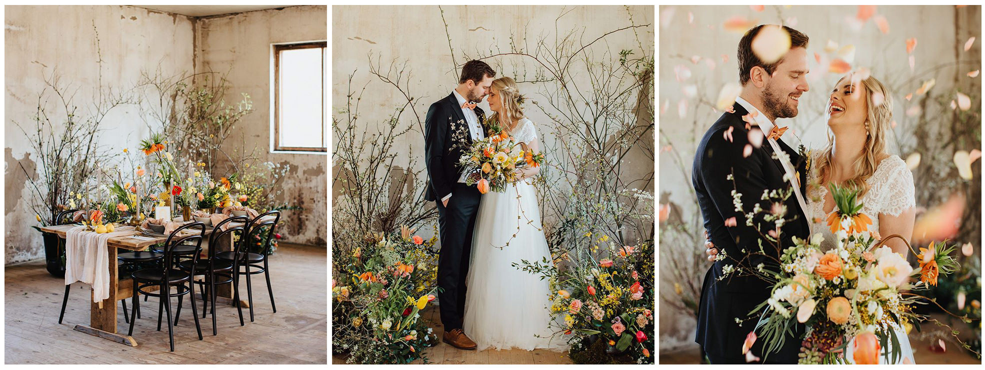 Couple on their wedding day surrounded by flowers.