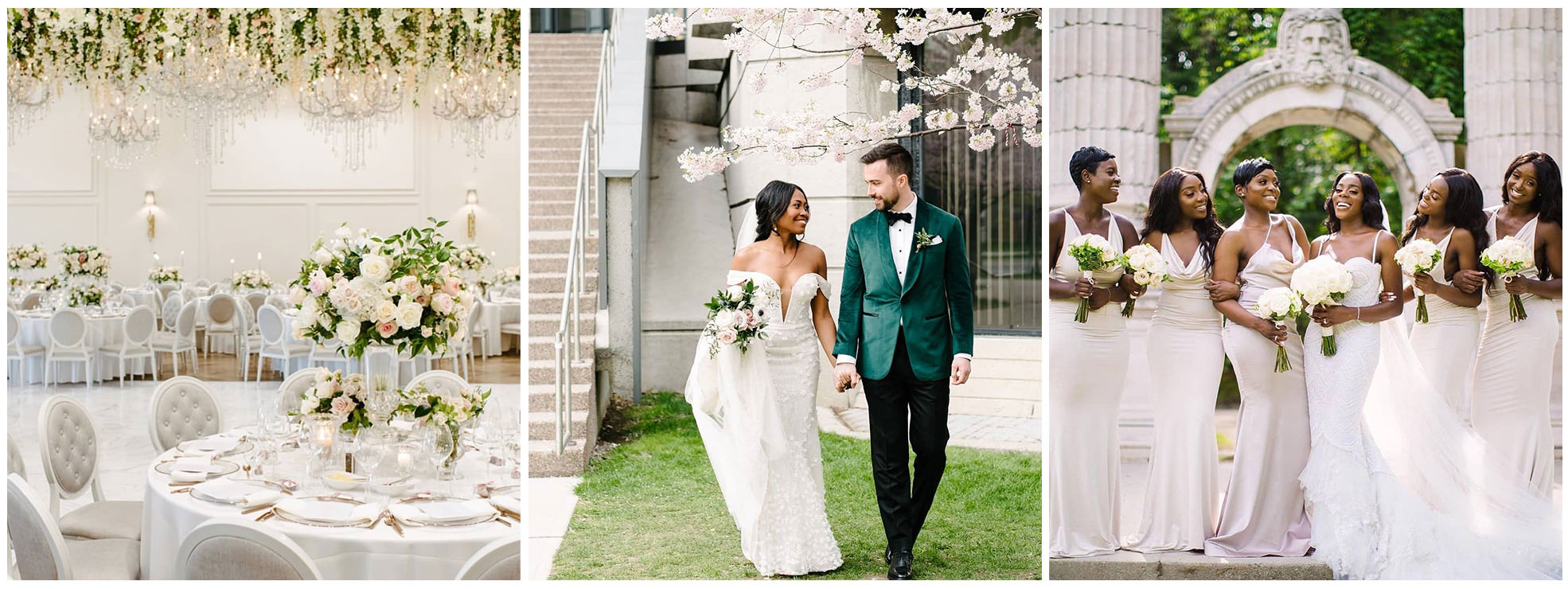 Wedding venue, newlyweds and bridal party.