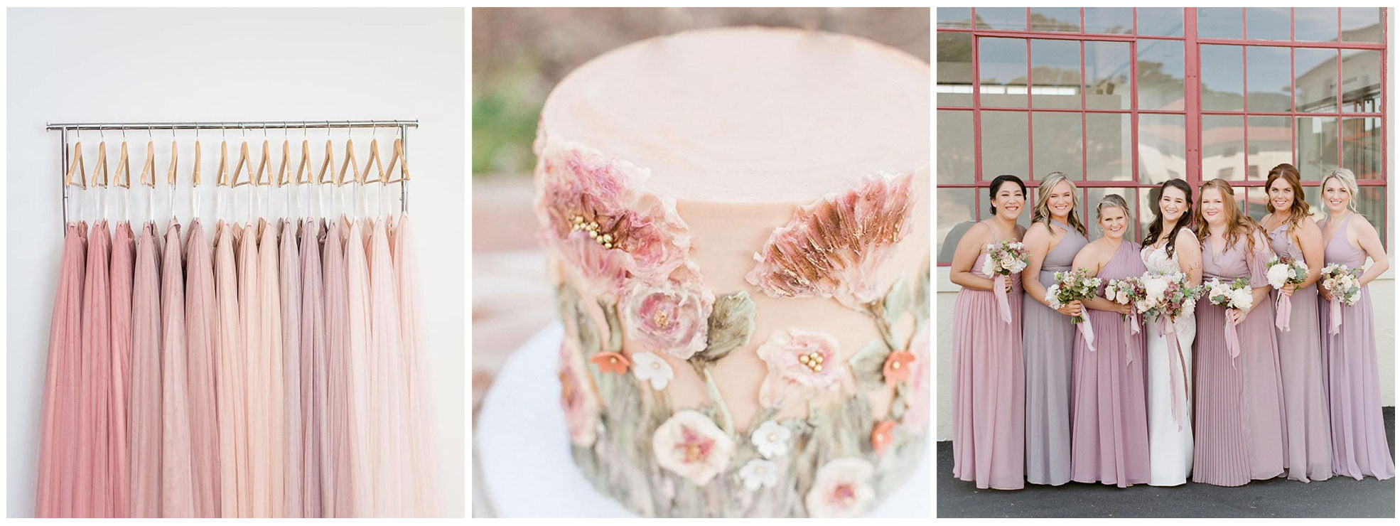 Bridesmaids dresses, a wedding cake and bridal party.