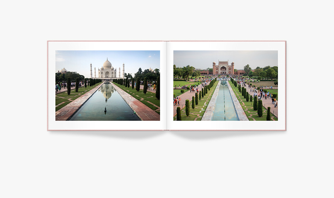 Open Photo Book showing photos of the Taj Mahal and the Great Gate, India
