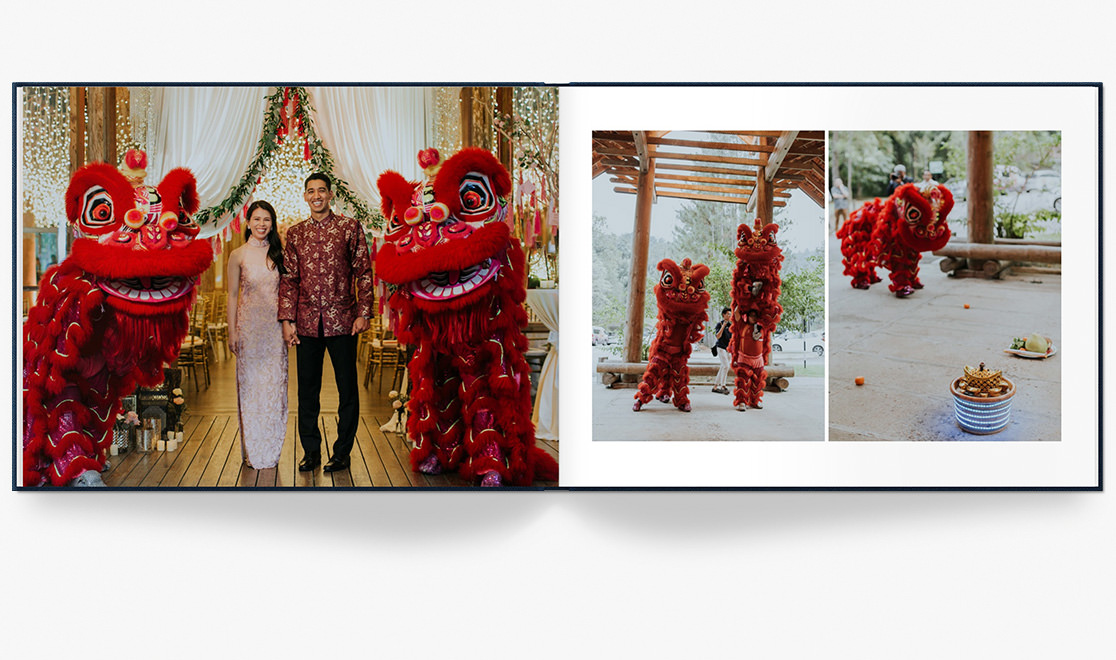 Open photo book with couple at their wedding reception.
