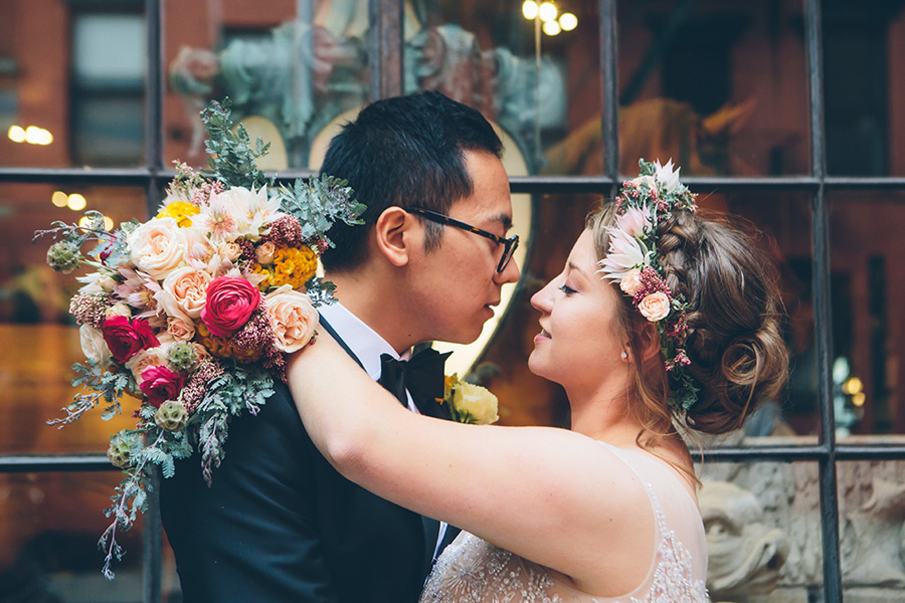 Bride and groom embrace
