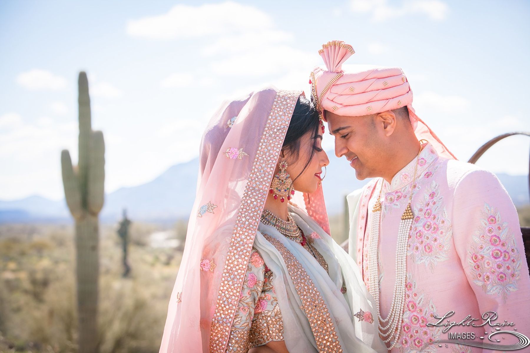 Newlyweds posing in desert