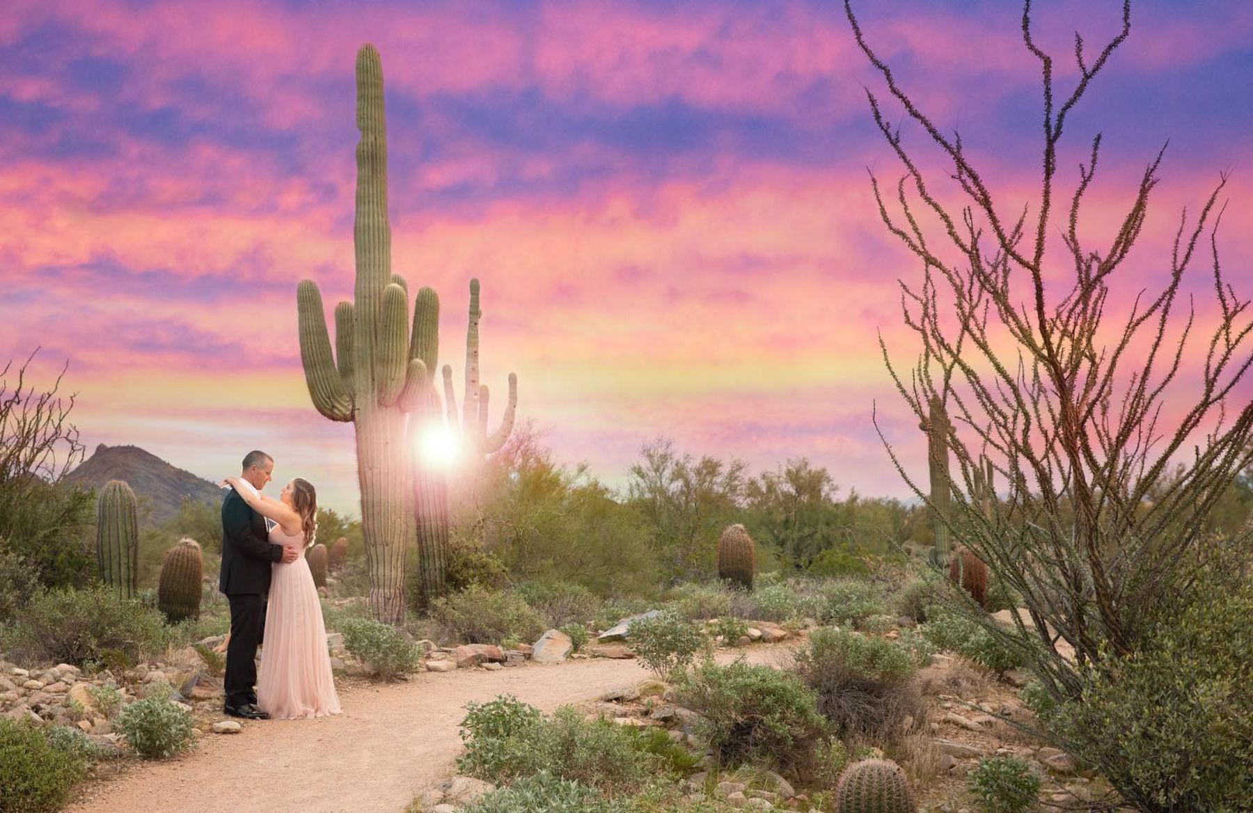 Newlywed couple posing in desert sunset