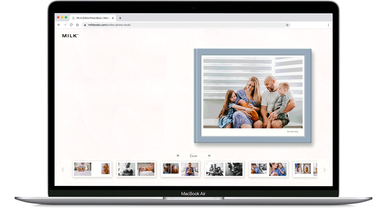 GIF of Macbook showing MILK Online Photo Book flipping through spreads of family photos