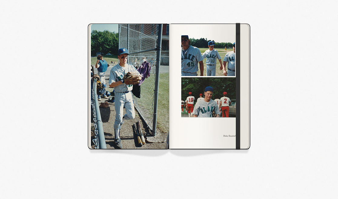 Open Moleskine Photo Book with images of teenage boy playing baseball.