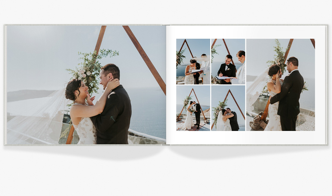 Open wedding album with images of a newlywed couple.