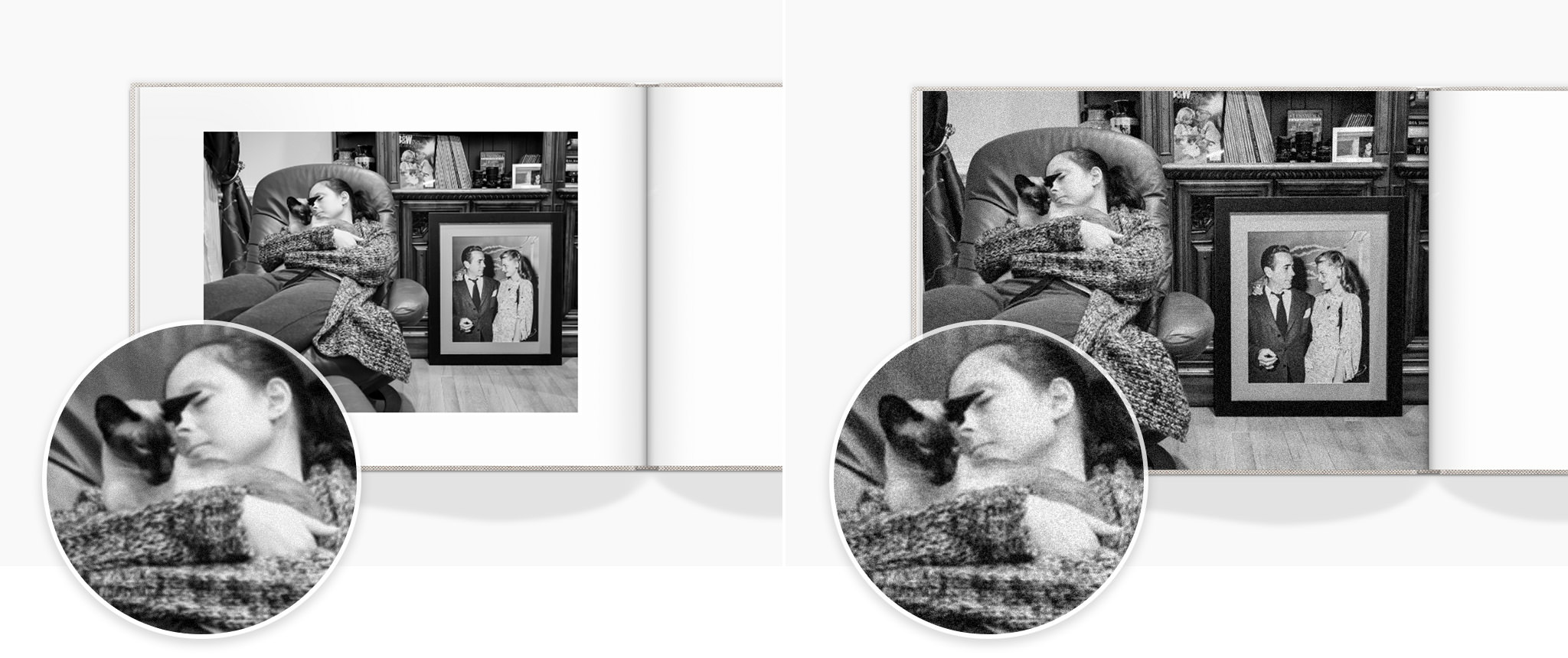 Dos fotolibros se abren con una imagen en blanco y negro de una mujer que sostiene a su gato en un sillón de su casa.
