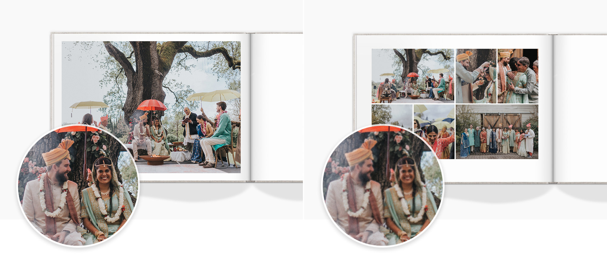 Dos álbumes de fotos que se abren a doble página con preciosas fotos de boda.