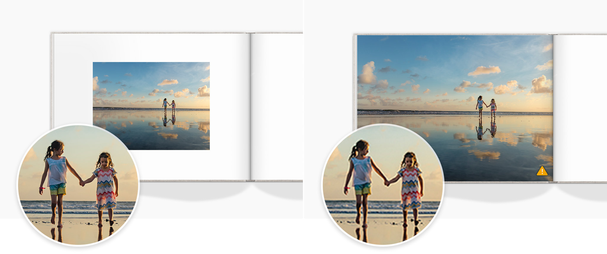 Dos fotolibros abiertos con una imagen de dos chicas jóvenes caminando por una playa cogidas de la mano.