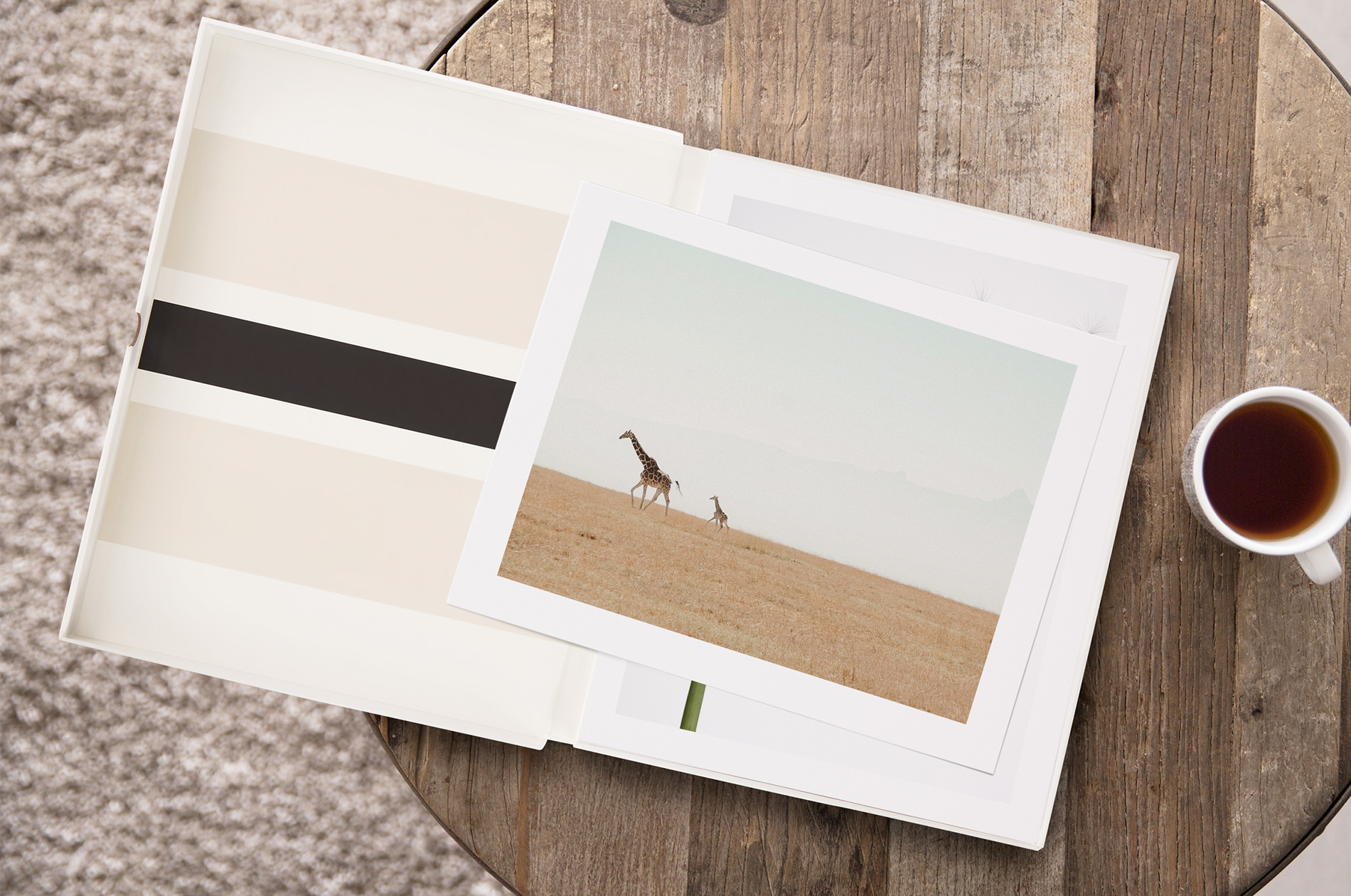 Art print set on a coffee table with image of two giraffes.