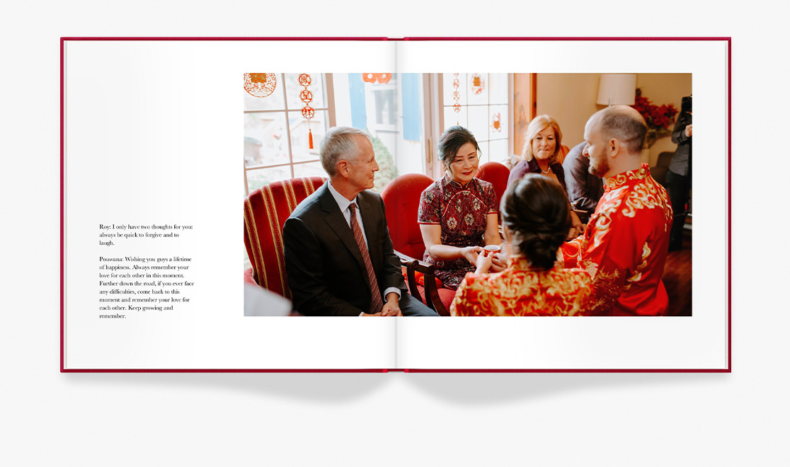 Open photo book with image of a traditional tea ceremony.