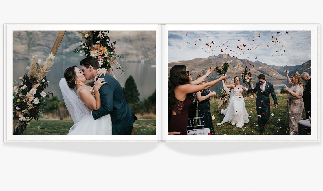 Open photo book with images of newlyweds.
