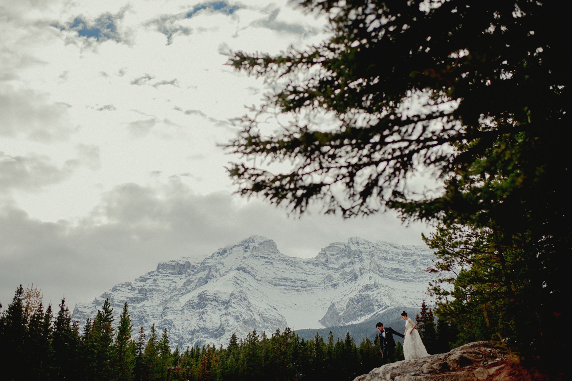 Newlywed couple in forest with snow-capped mountain in background.