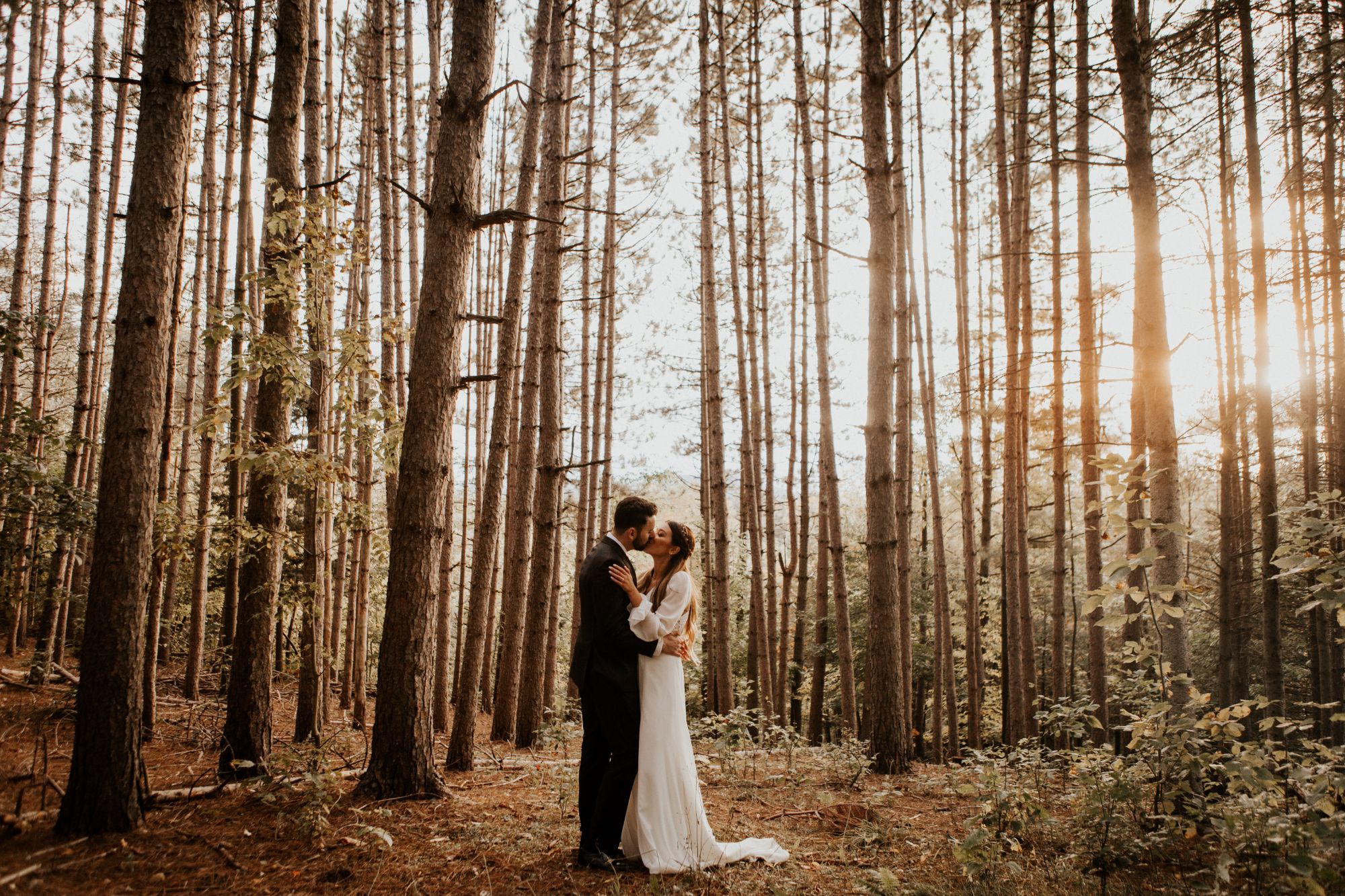 Newlywed couple kissing in forest.