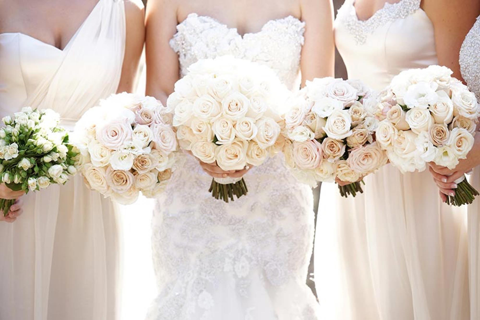 A bride and bridesmaids with rose bouquets