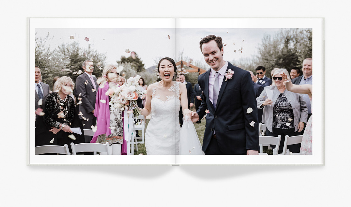 Wedding photo book showing photo of newlyweds
